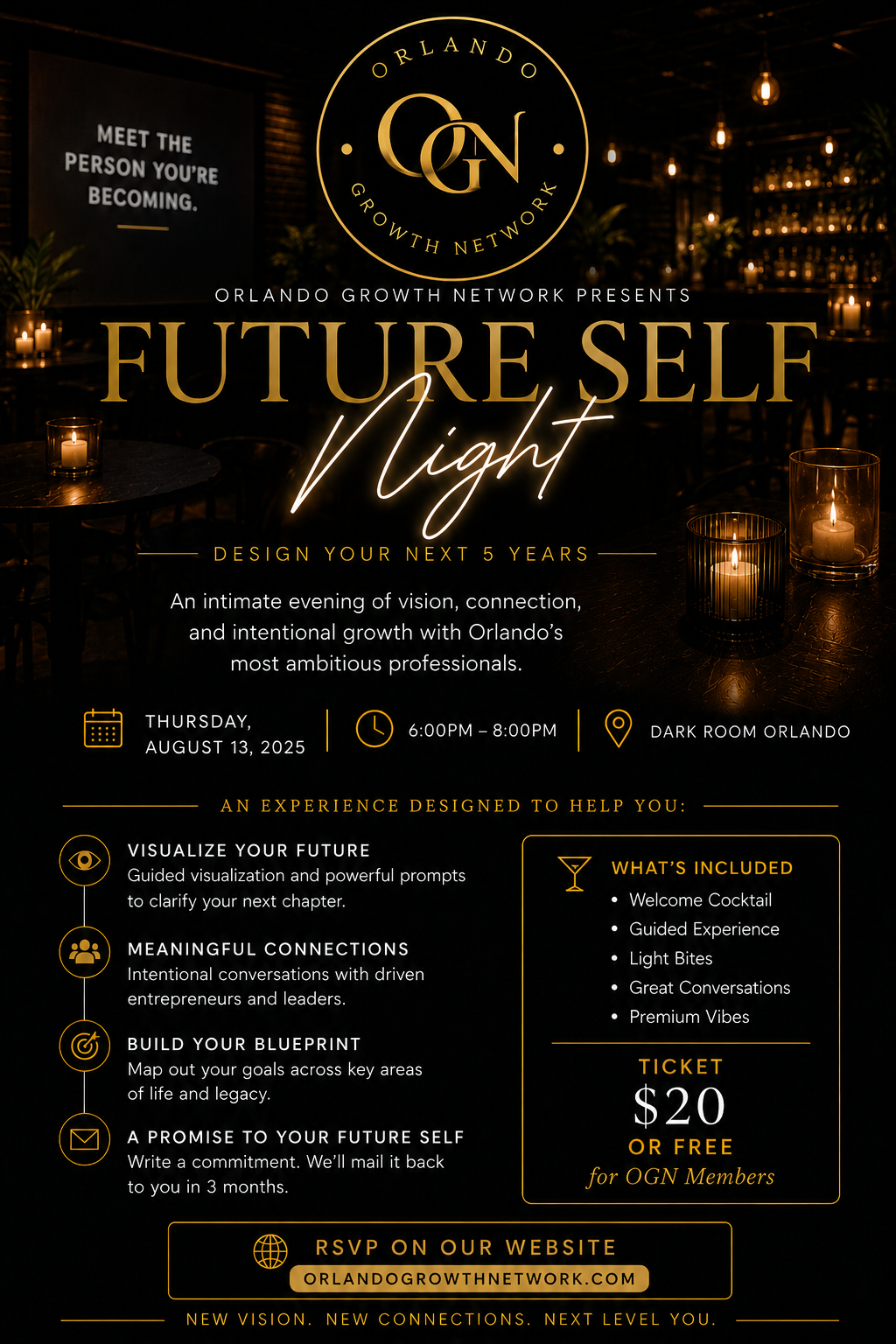 Future Self Night event flyer — design your next 5 years, an intimate evening of vision and connection at Dark Room Orlando