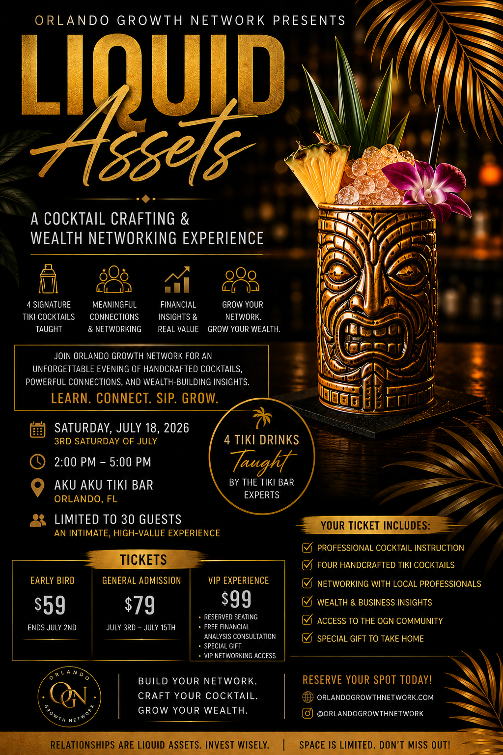 Liquid Assets event flyer — a cocktail crafting and wealth networking experience at Aku Aku Tiki Bar